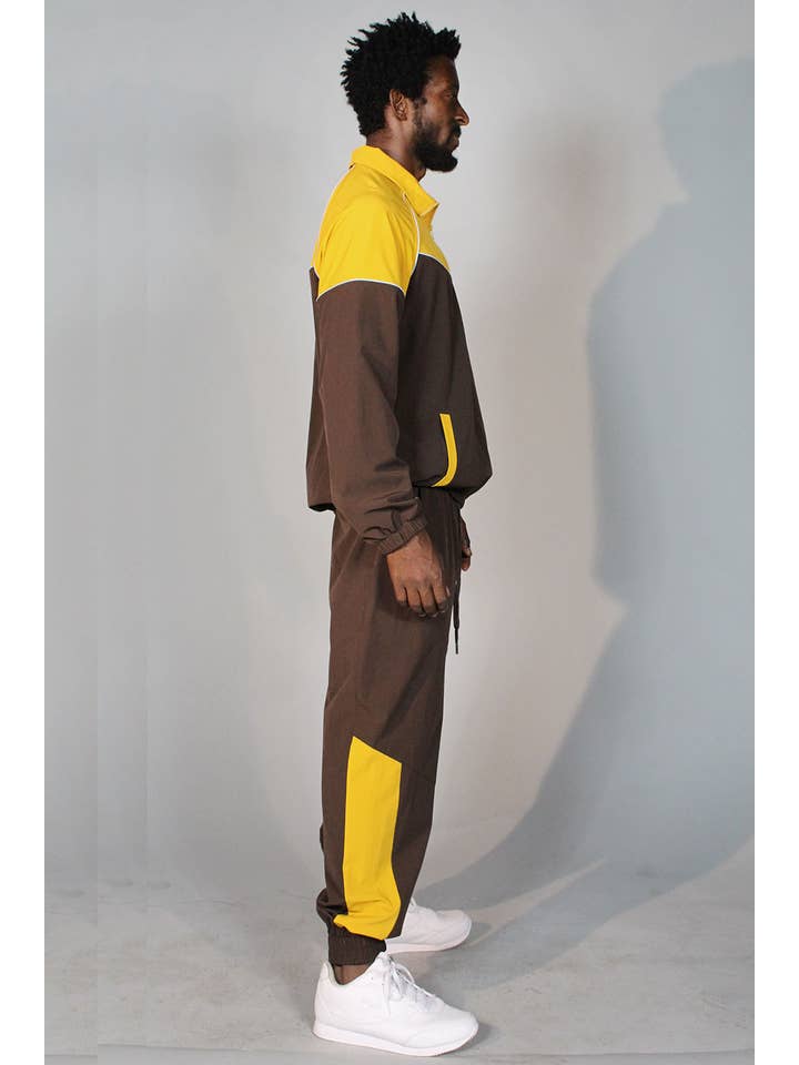 Brown Mustard Colorblock High Neck Windbreaker Set (BROWN/MUSTARD) for wholesale on Faire