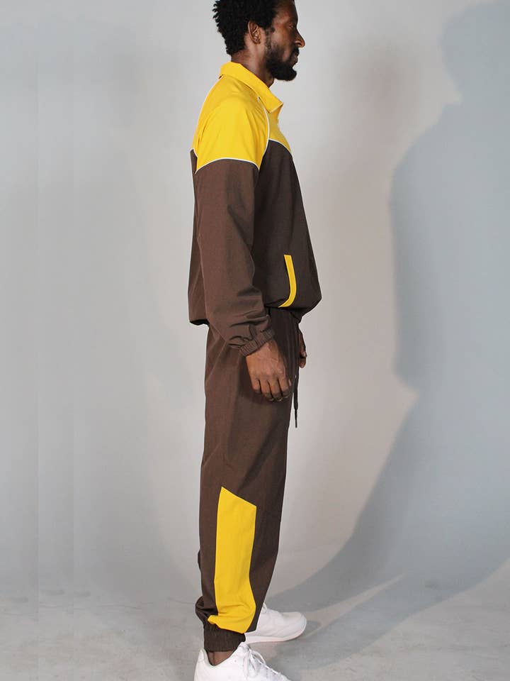 Colorblock High Neck Windbreaker Set (BROWN/MUSTARD) for wholesale by Siempre Life