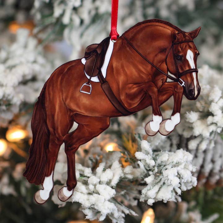Equestrian Hunter Horse Ornament - Chestnut Jumping Horse for wholesale by Classy Equine