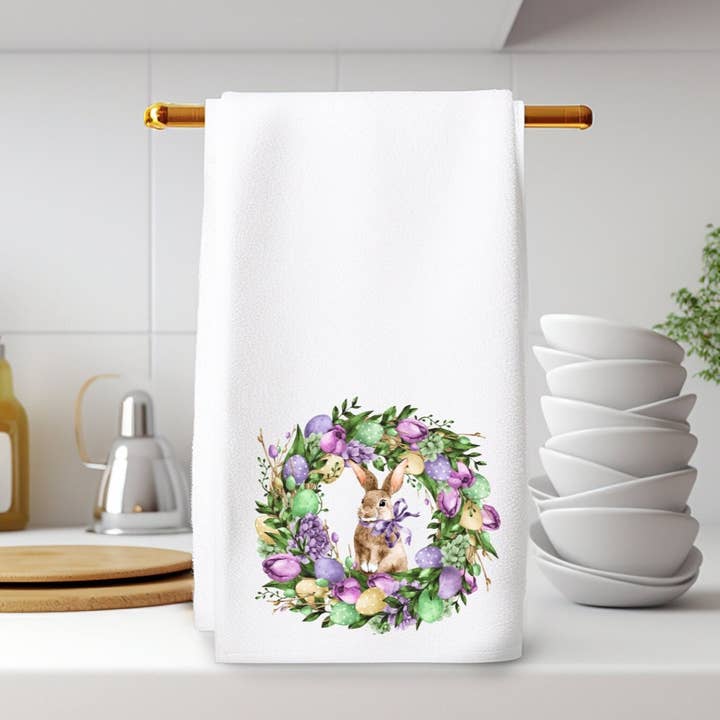 Spring Wreath Hand Towel: Pastel Spring Decor for wholesale by Fernville Creations