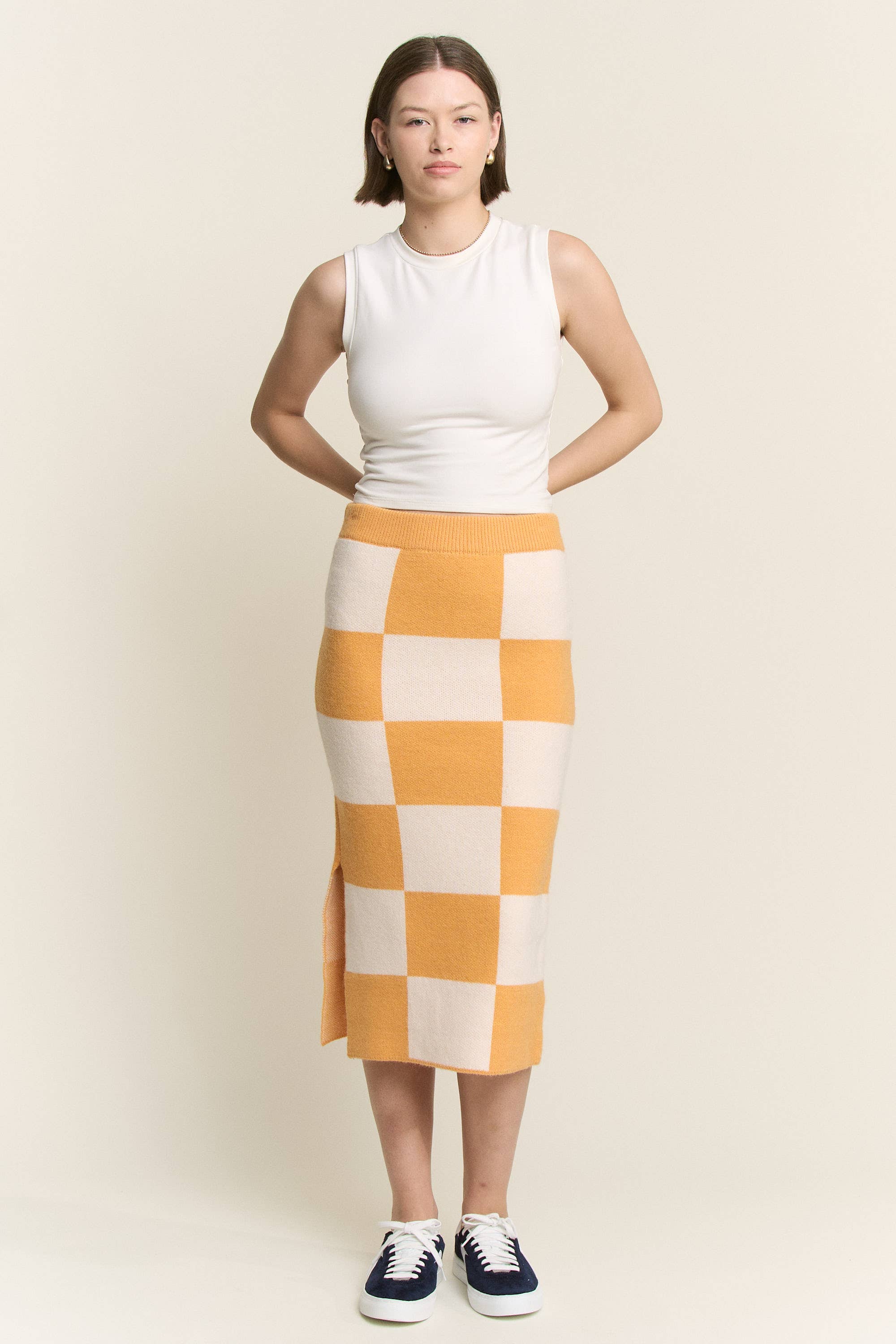 JADE BY JANE - Wholesale Skirt - Women's - BIG CHECKERED PAST KNIT PENCIL MIDI SKIRT W/ SIDE SLIT17