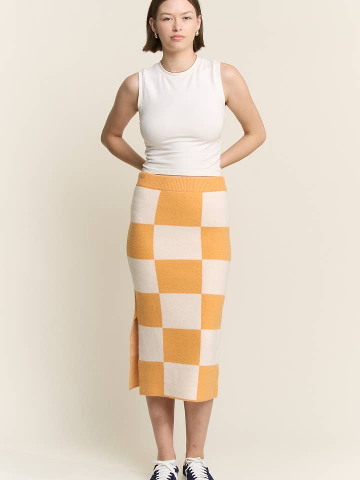 JADE BY JANE - Wholesale Skirt - Women's - BIG CHECKERED PAST KNIT PENCIL MIDI SKIRT W/ SIDE SLIT17
