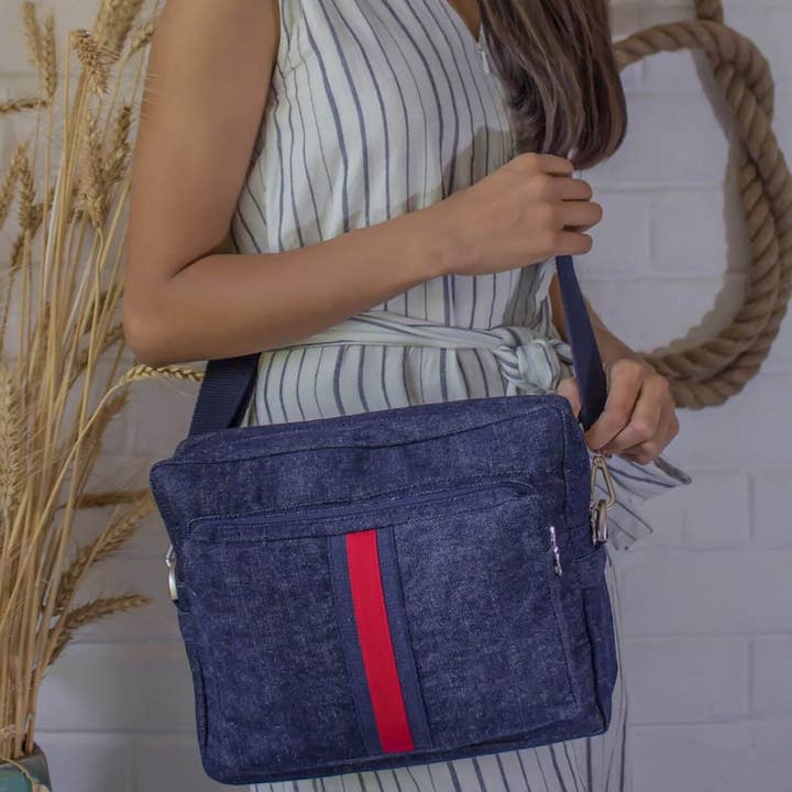 Handcrafted Upcycled Denim Crossbody Unisex Sling Bag for wholesale by Zwende