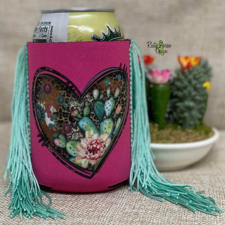 Regular Pink Cactus Heart Fringe Koozie for wholesale by RAD Wholesale