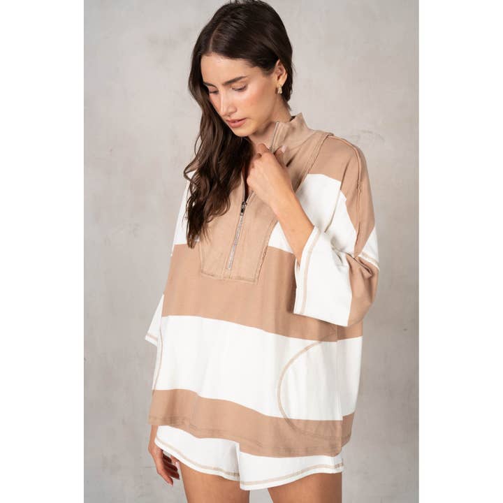 Yarn Dye Stripe Half Zip-Up Top N Shorts for wholesale by lalamia