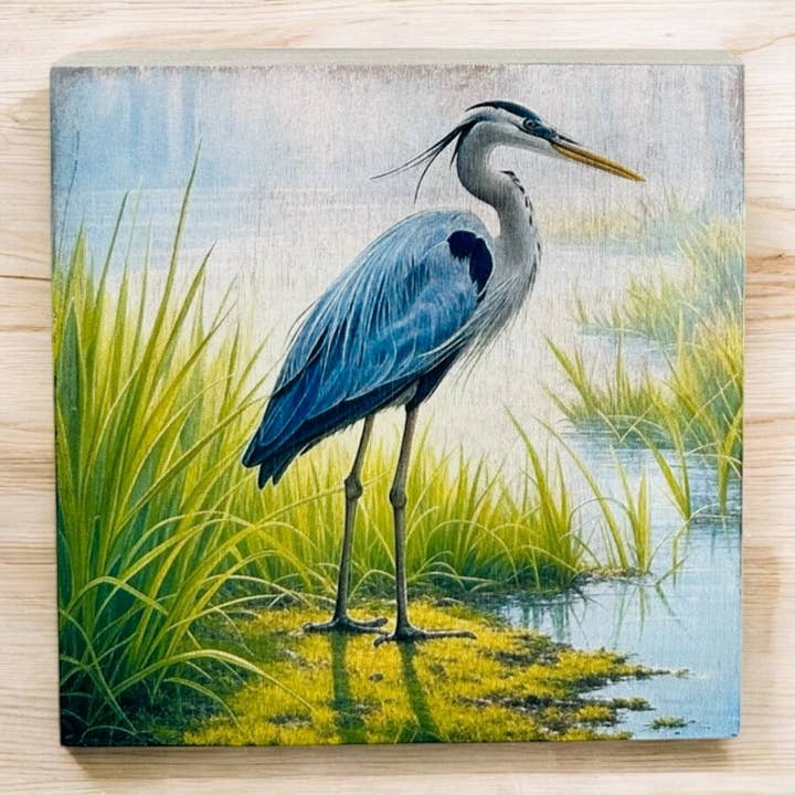 Heron in Marsh - Rustic Wood Coastal Décor Sign Summer Décor for wholesale by Inkwood Crafters