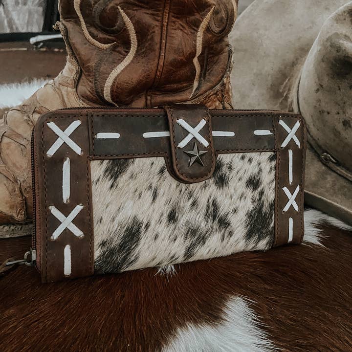Texas Western Cowhide Bags and More - Wholesale Wallet - Women's - Cross Stiched Leather Cowhide Womens Wallet