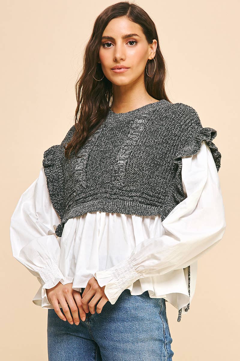 PINCH - Wholesale Blouse - Women's - WOVEN KNIT COMBO BLOUSE - 4974T (GREY)3