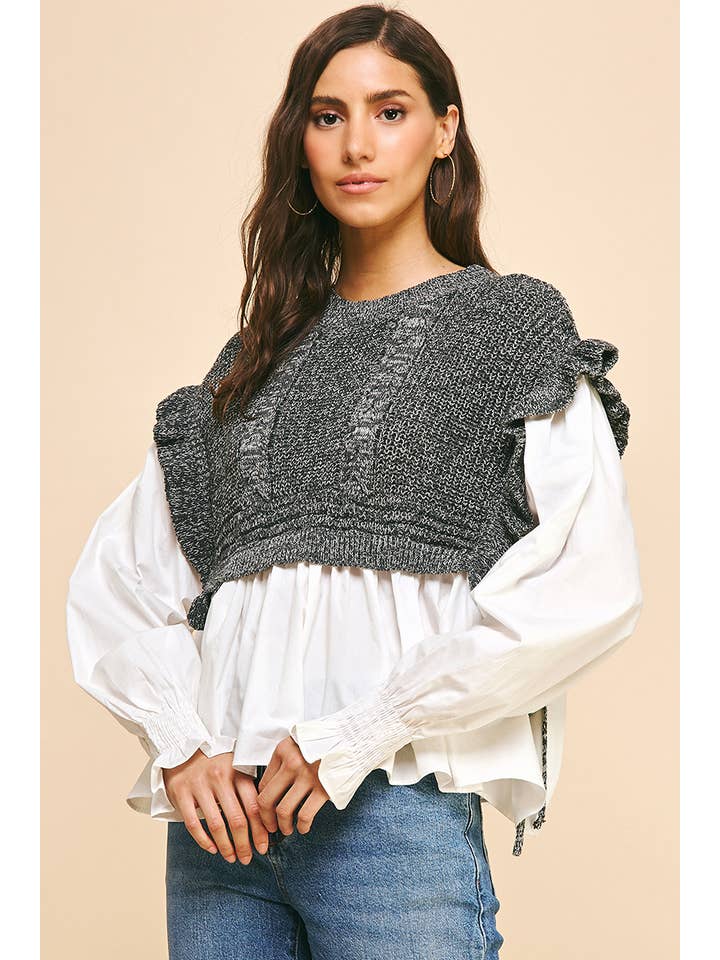 PINCH - Wholesale Blouse - Women's - WOVEN KNIT COMBO BLOUSE - 4974T2