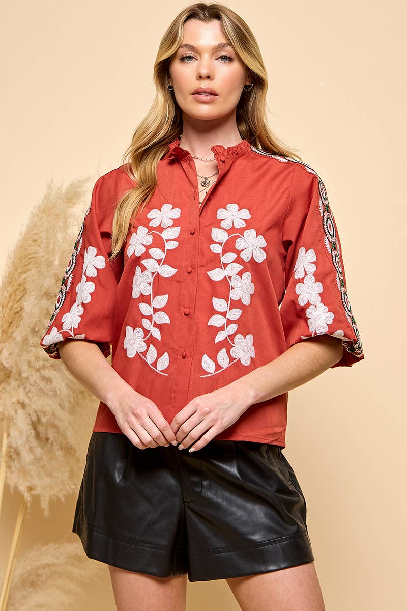RUST Floral Embroidery Blouse for wholesale on Faire
