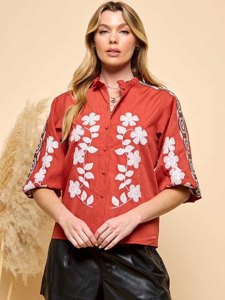 RUST Floral Embroidery Blouse for wholesale on Faire0