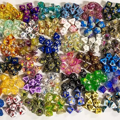 1985 Games - Wholesale Dice - Premium Mystery Dice - 7 Polyhedral Dice, D&D Pin & Sticker