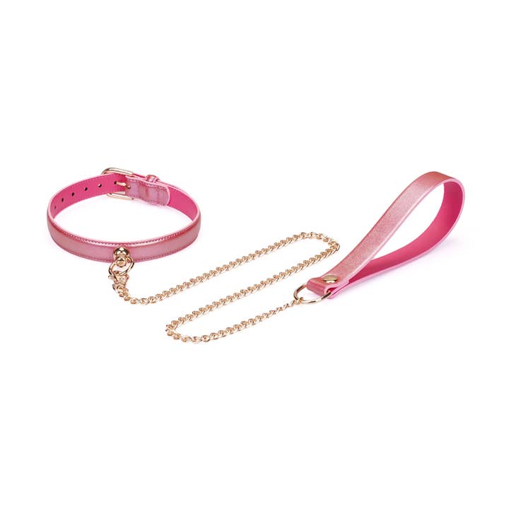 Lustre Rosa: Pink Leather Collar with Chain Leash for wholesale by Liebe Seele
