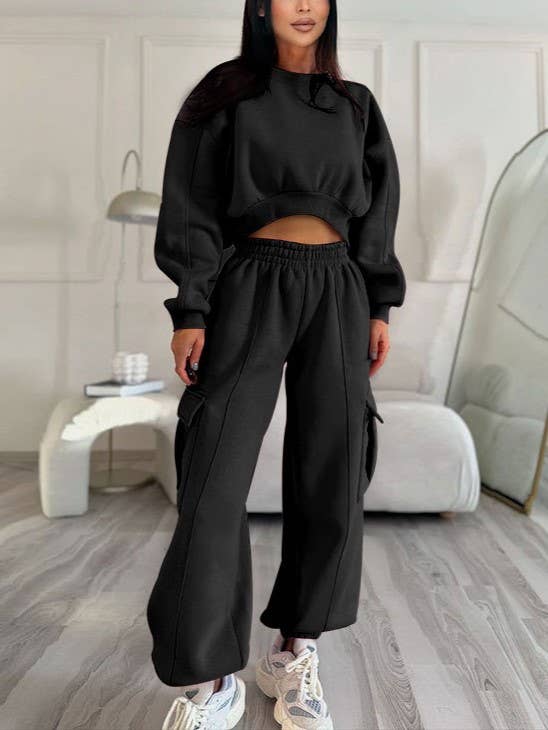 Rosa Clothing - Wholesale Top & Pant Set (NOT Loungewear) - Women's - R-Neck Cropped Sweatshirt Pocket Baggy Sweatpants Set