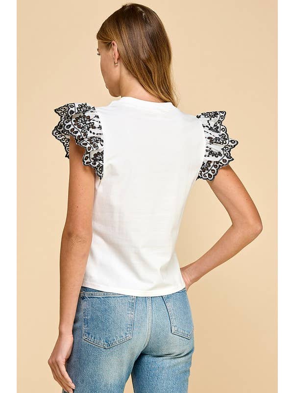 White CT9109-Ruffled Lace Sleeves Knit Top for wholesale on Faire
