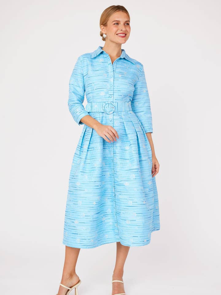 Cecilia Midi Dress Blue Textured Dupioni for wholesale by Abbey Glass