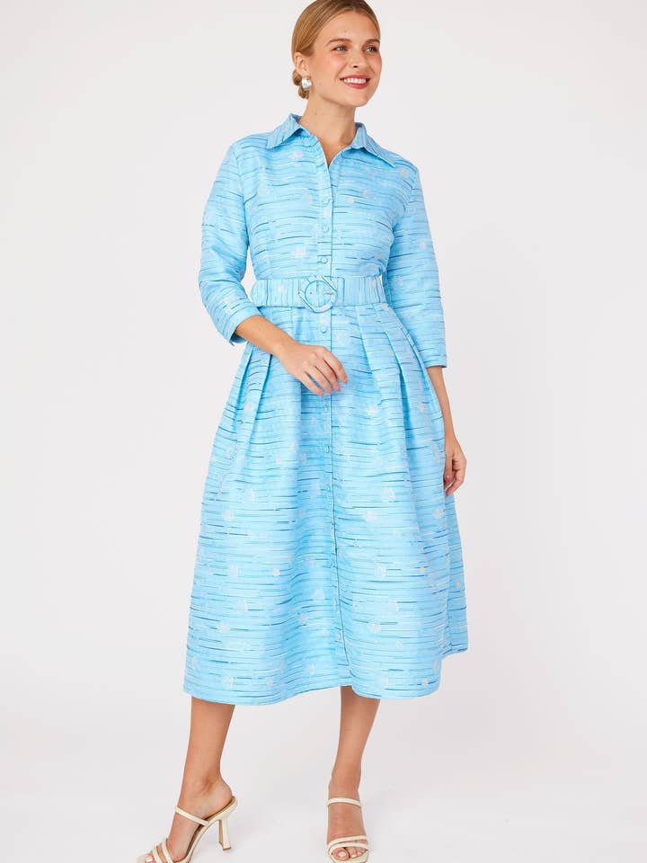 Cecilia Midi Dress Blue Textured Dupioni for wholesale by Abbey Glass