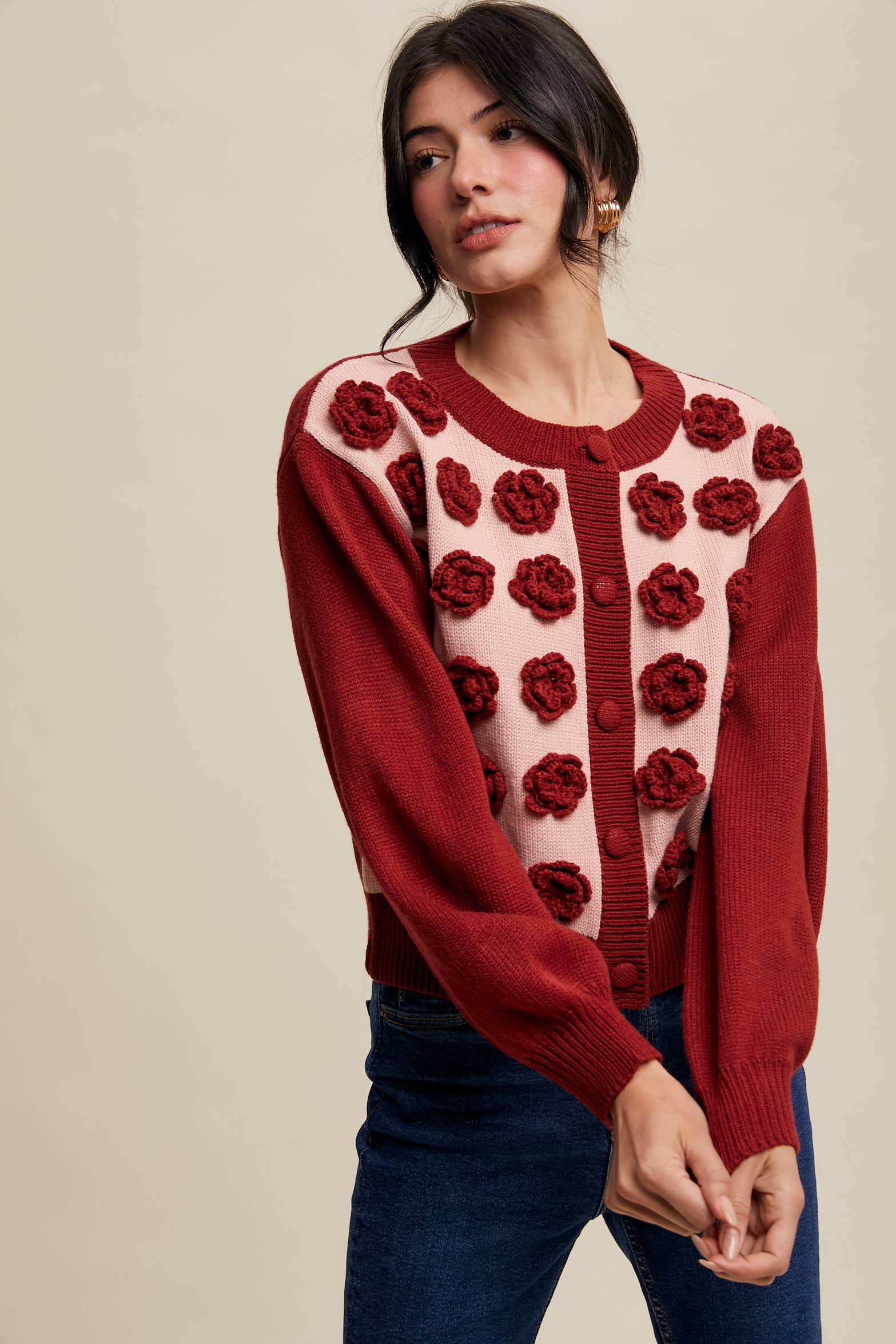 Listicle - Wholesale Cardigan - Women's - Handmade Rose Applique Knit Cardigan1