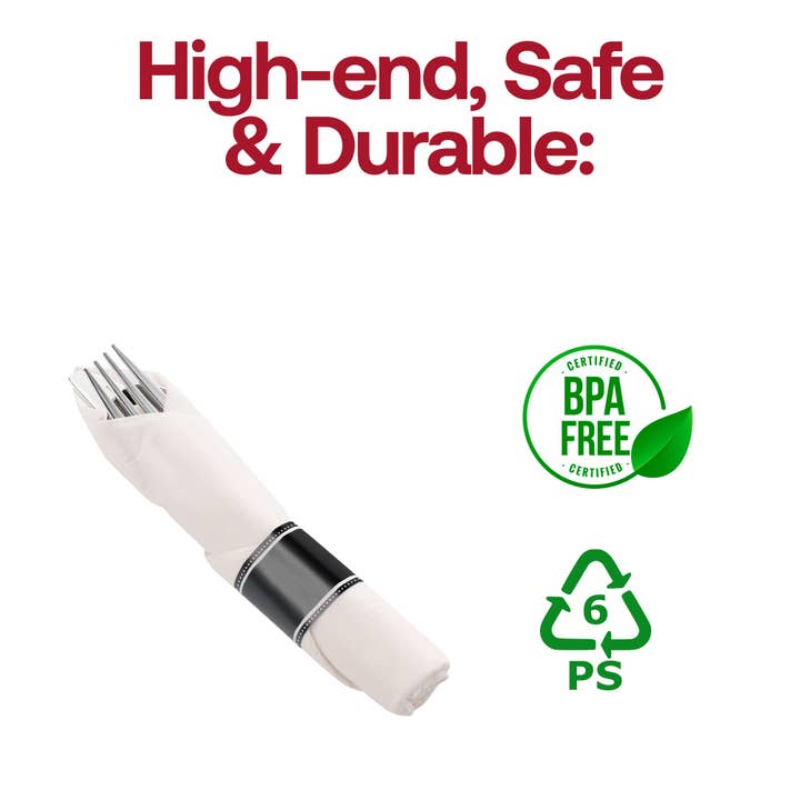 Smarty had a Party - Wholesale Assorted Cutlery Set - Silver Plastic Cutlery in White Napkin Rolls Set - 10 Guests3