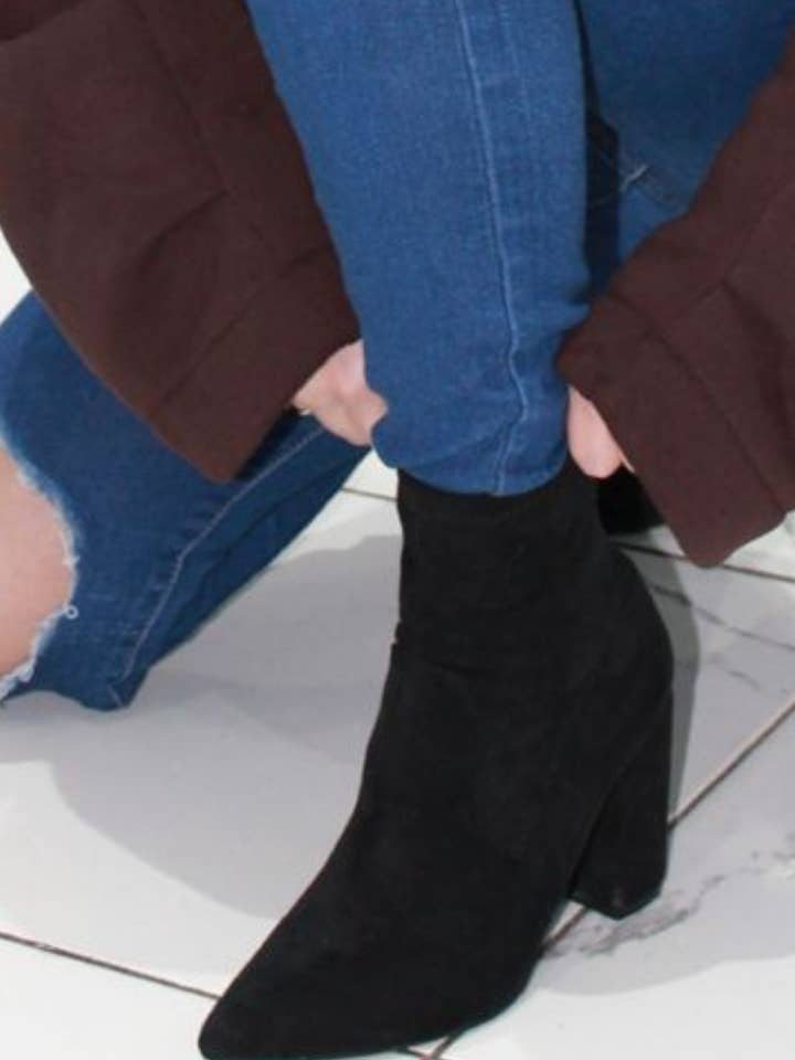 Black Cow Print Block Chunky Heel Ankle Western Boots - Miraluna for wholesale by Femme Luxe