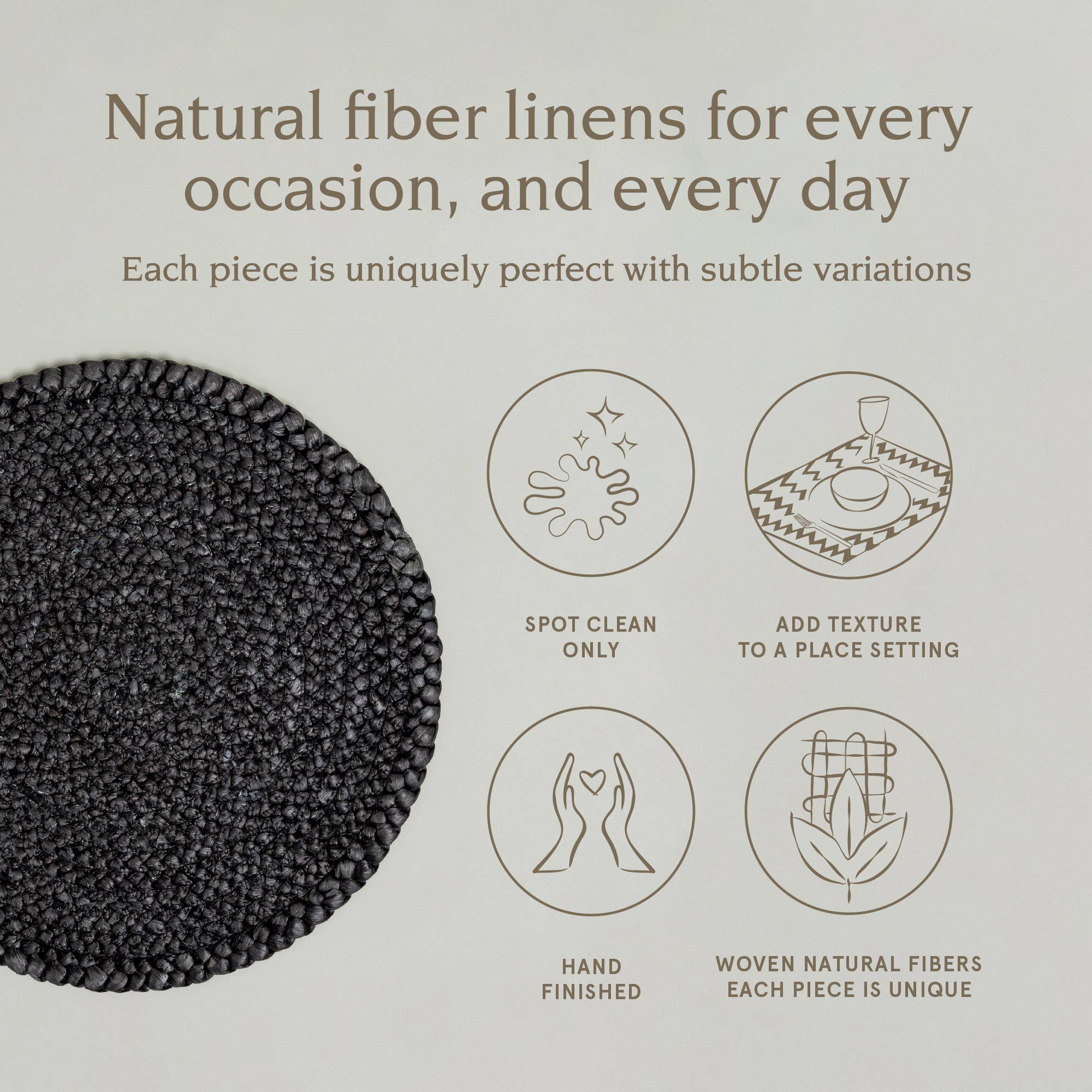 Rustic Round Woven Placemats – Black & Natural – Set of 4 for wholesale on Faire7