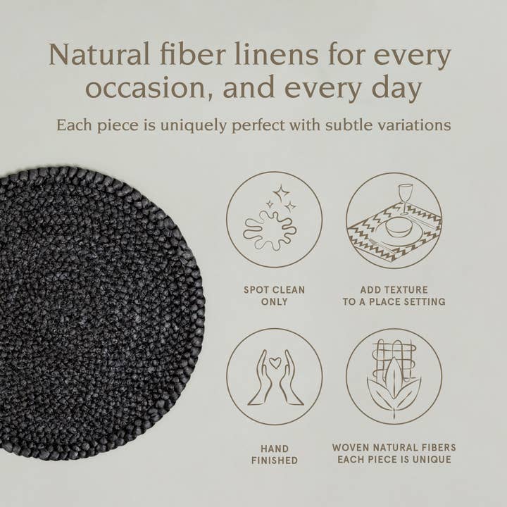 Rustic Round Woven Placemats – Black & Natural – Set of 4 for wholesale on Faire7