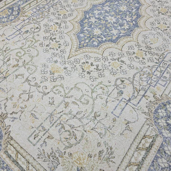 7x10 Vintage Rug 7x10 Blue Cream Oushak Medallion Wool Handknotted Turkish Oushak Area Carpet Muted Living Room Decor Free Shipping for wholesale by MesopotamiaRugs