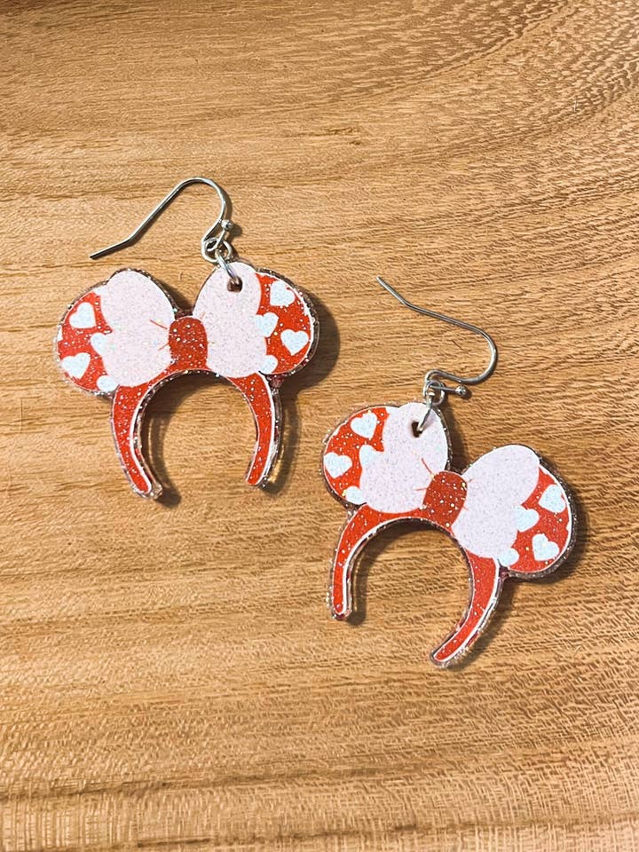 Red Mouse Ears Headband Earrings, Red Glitter Bow Drop Dangles, White Heart Stud Earrings, Hypoallergenic, Valentine Gift for Her for wholesale by Chasin’ Self Care