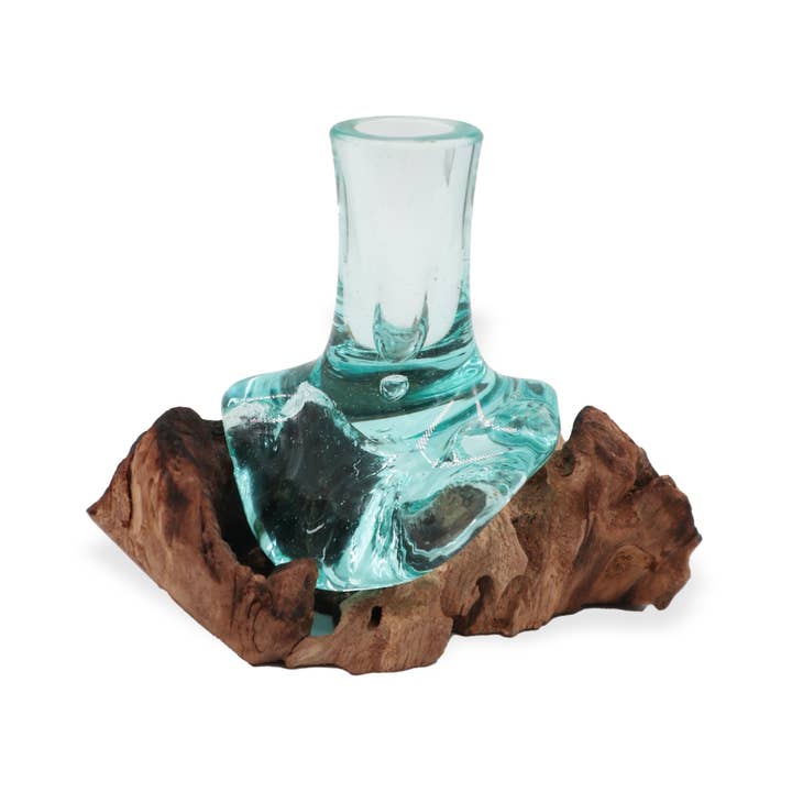 Molten Glass Small Flower Vase on Wood for wholesale by Ancient Wisdom