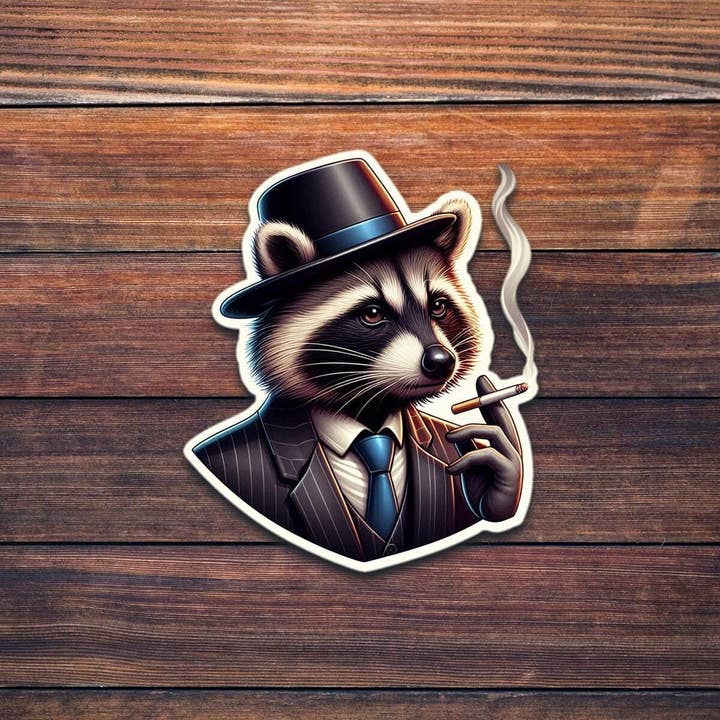 ADH Sticker Shop - Wholesale Sticker - Cartoon Smoking Raccoon Mafia Sticker, Glossy Vinyl Die Cut
