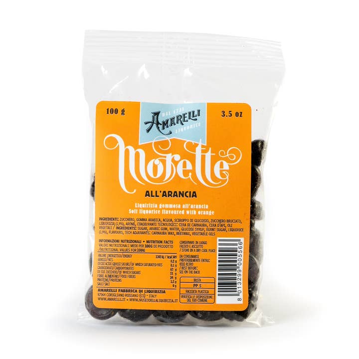 MORETTE ALL'ARANCIA 100g bags - Orange flavored licorice for wholesale by Amarelli Fabbrica Di Liquirizia