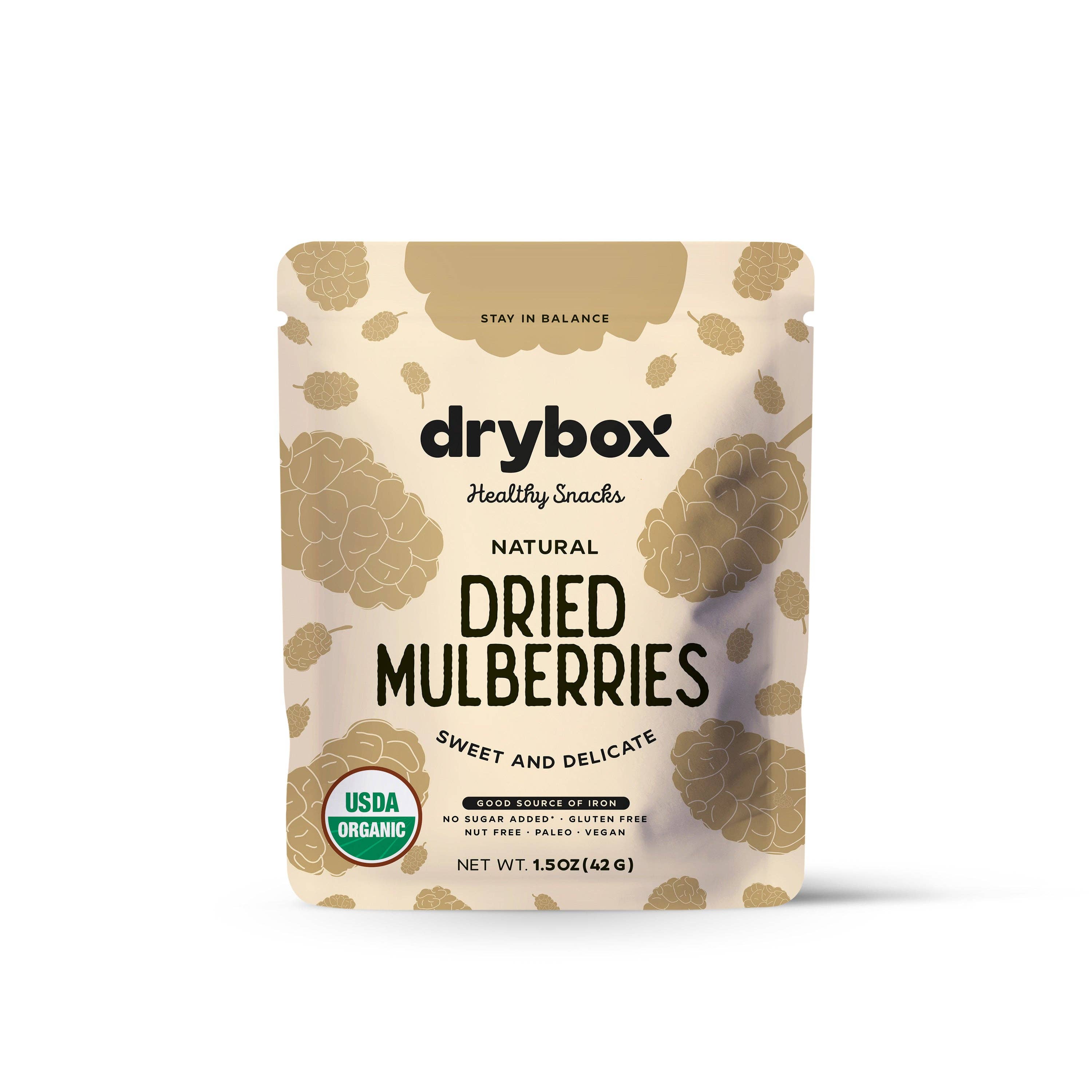 DRYBOX - Wholesale Dried/Dehydrated Fruit - Drybox Dried Mulberries 1.5oz x 12packs Portion Packs5