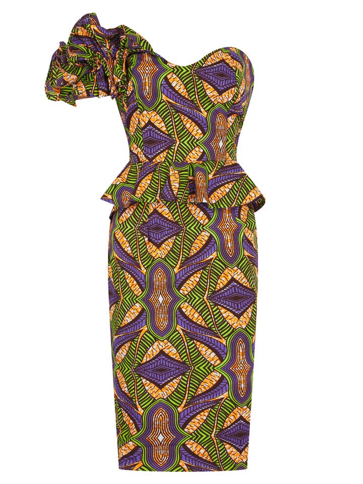 Keesha African Print Peplum Midi dress for wholesale by Ohema Ohene