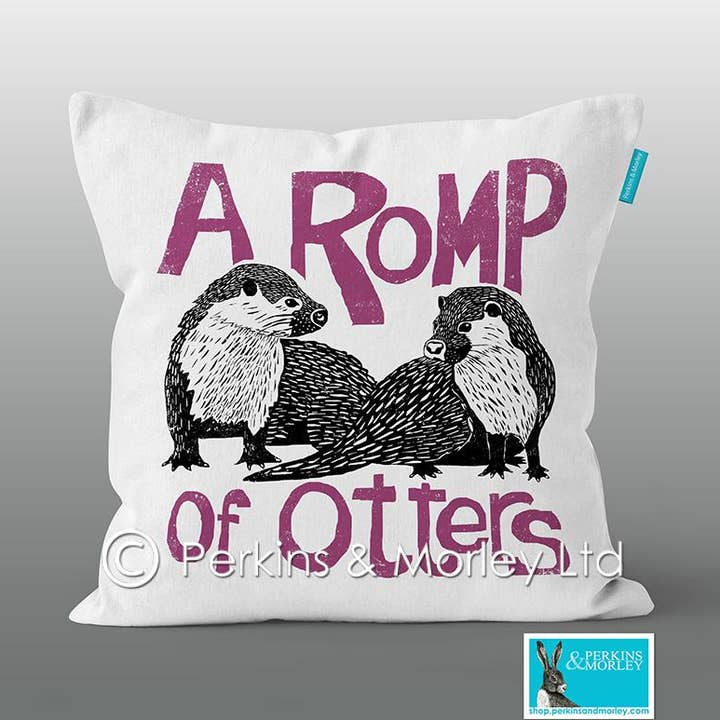 Collective Noun Romp Of Otters Cushion for wholesale by Perkins & Morley