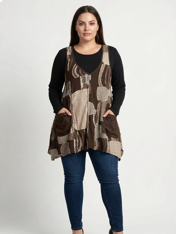 Ensemble top imprimé marron + sous pull grande taille (A506) pour la vente par Pomme Rouge Paris