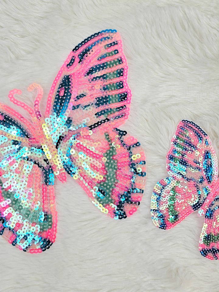 Pink Butterfly Sequin Iron On Patch for wholesale by Scratch Decor