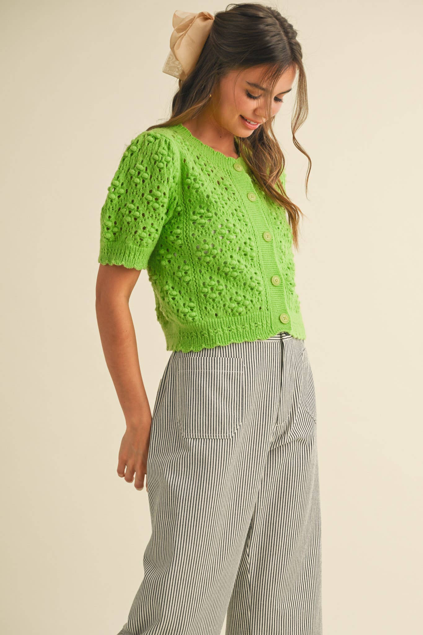 &MERCI - Wholesale Cardigan - Women's - CROPPED POINTELLE BUTTON DOWN SWEATER CARDIGAN MSW1085736