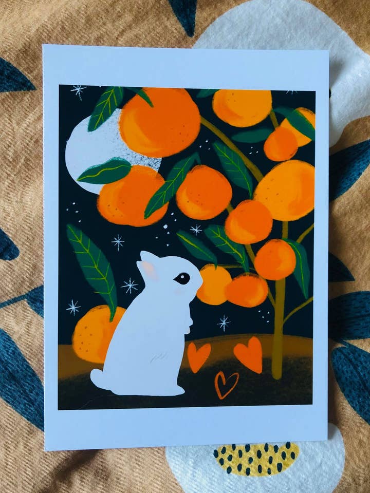 oranges and rabbit 5x7 print for wholesale by Bunny Dee