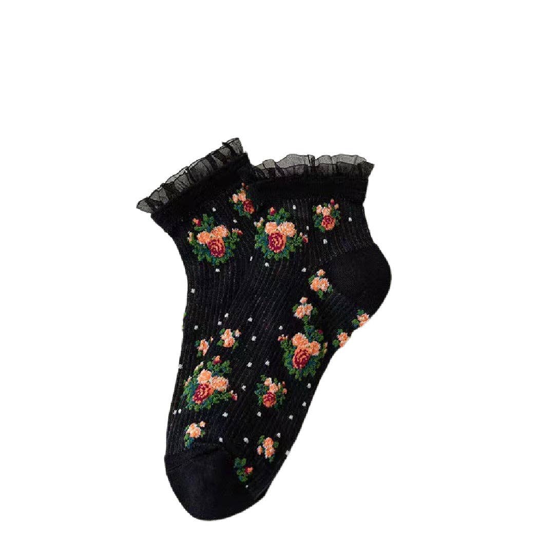 Funkyrel® Atzbranding Limited – Engroshandel Strømper - Dame – Rufia - Blonder Ankelstrømper med Blomster – 5 Farver0