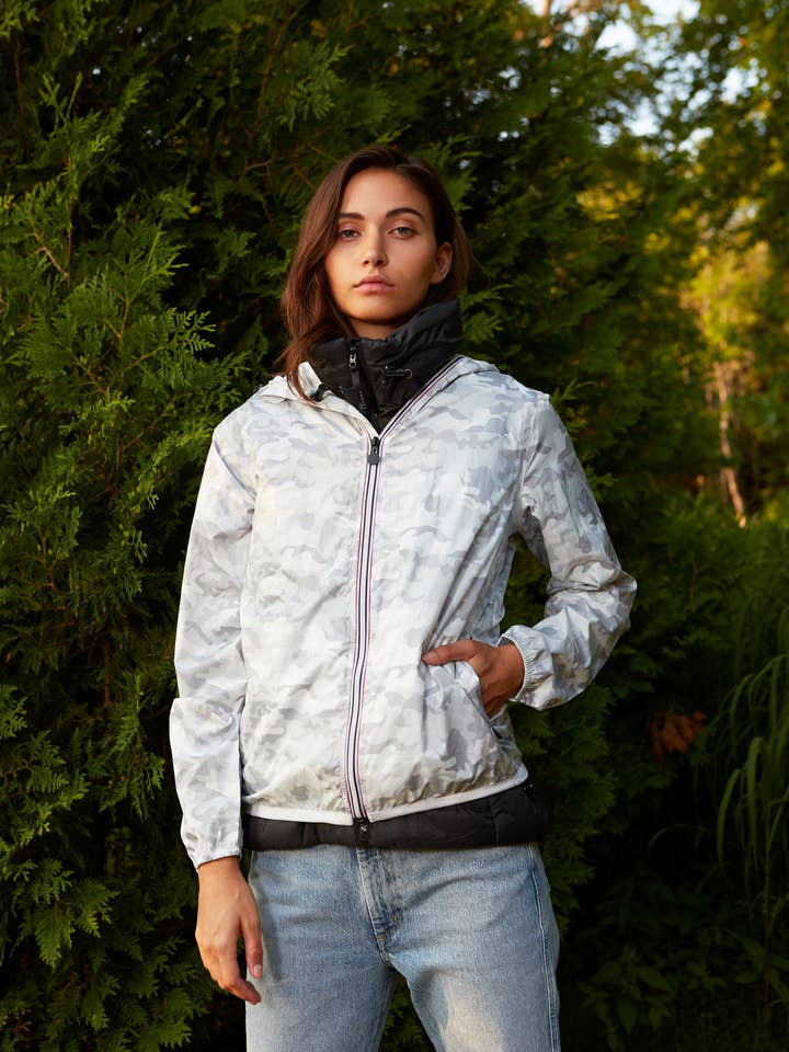 Sloane Print - White Camo Full Zip Packable Rain Jacket for wholesale by O8 Lifestyle