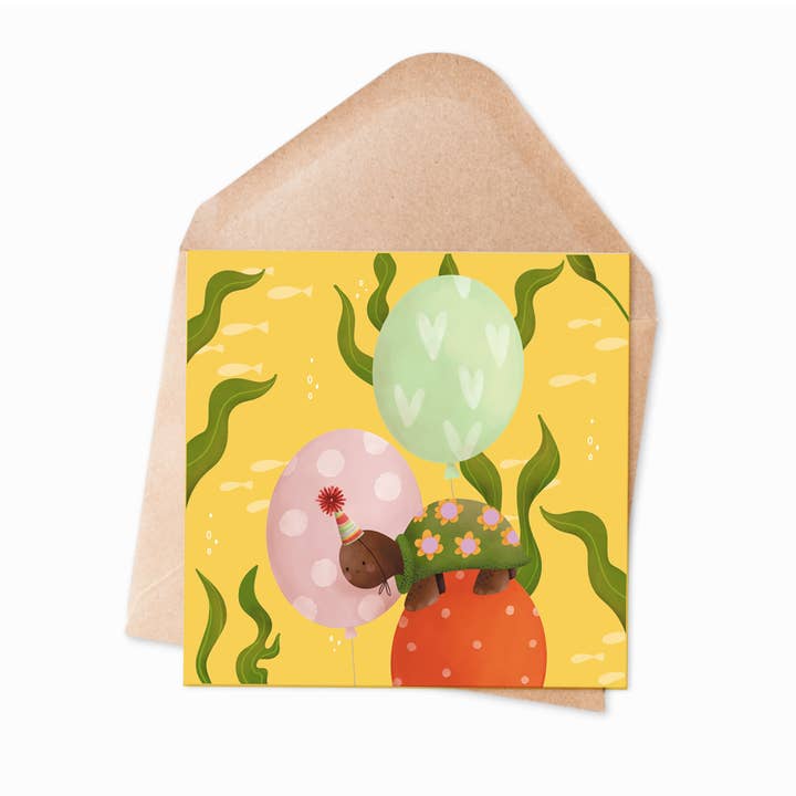 Kids birthday card - Turtle and balloons for wholesale by Ilana Ewing Designs