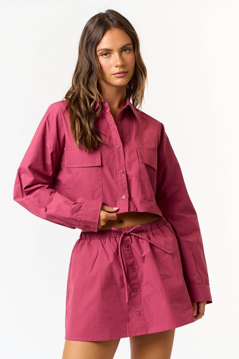 BURGUNDY Poplin Button Down Crop Shirt Jacket for wholesale on Faire2