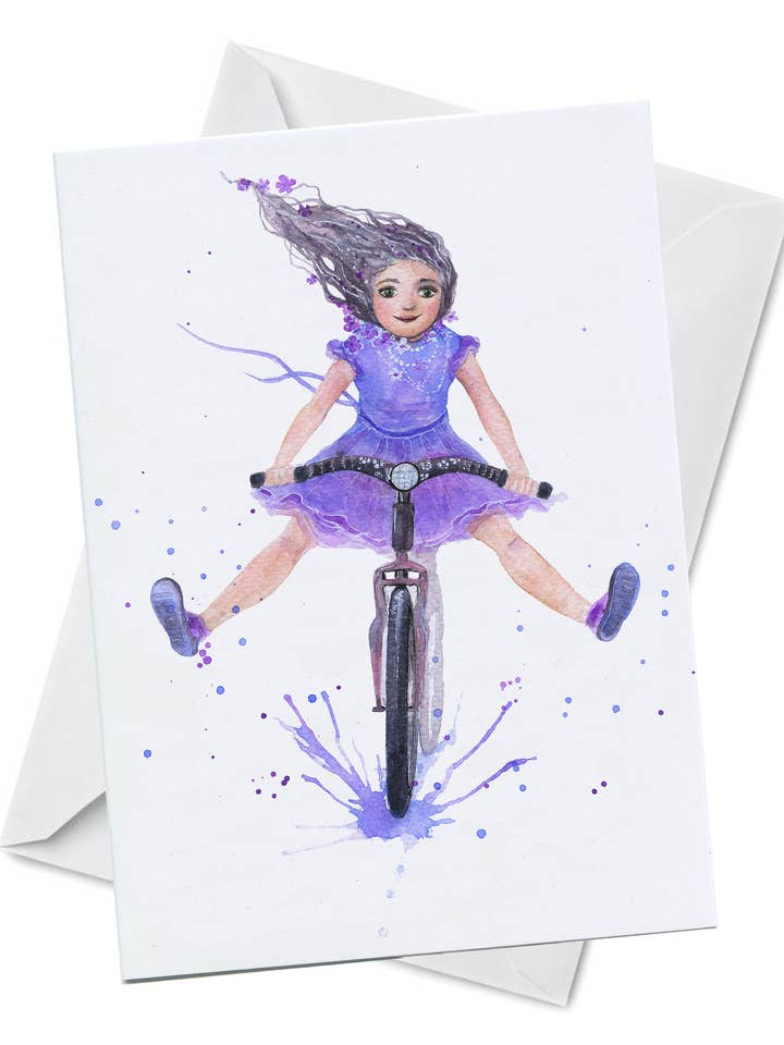 Carte de vœux - Enfant intérieur - Jolie fille à vélo pour la vente par Oladesign