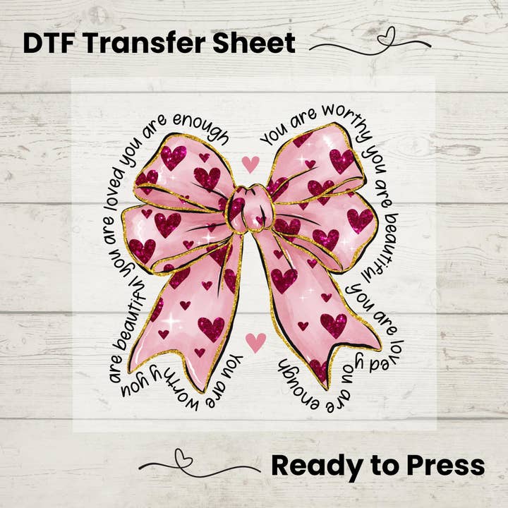 Affirmation Pink Bow DTF Transfer Sheet for wholesale by Enchanted Island Prints