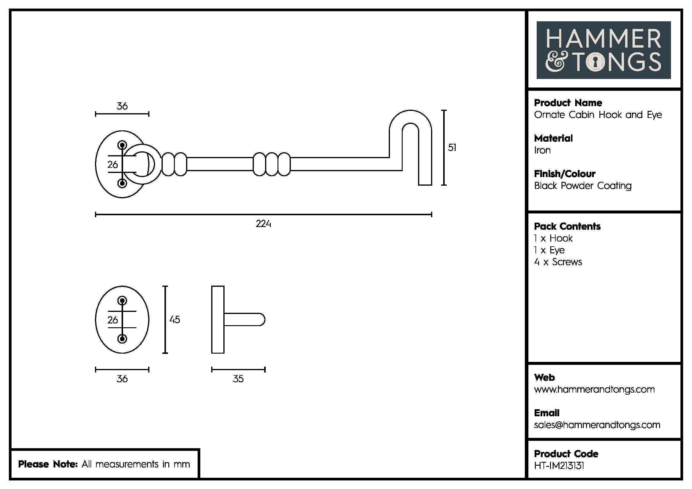 Rinkit Ltd – Großhandel Griff/Handgriff – Hammer & Tongs Haken und Öse für die Kabine, 225 mm, Schwarz7
