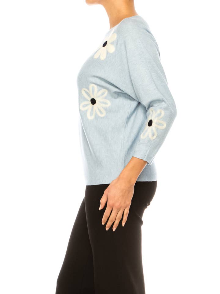 HEATHER SKY EGGSHELL Aaeda Long Sleeve Flower Motif Pullover Sweater for wholesale on Faire2