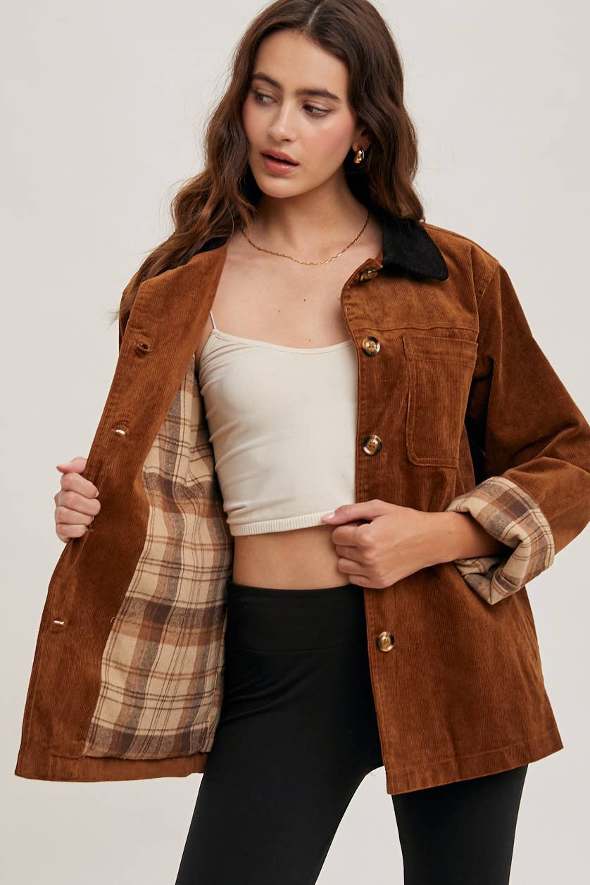 Peace Love Line - Wholesale Coat - Women's - PL4686 - CORDUROY BUTTON DOWN BARN COAT INNER PLAID0