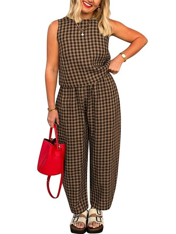 Rosa Clothing - Wholesale Lounge Set - Women's - Gingham Tank Tops Plaid Print Wide Leg Pants Set