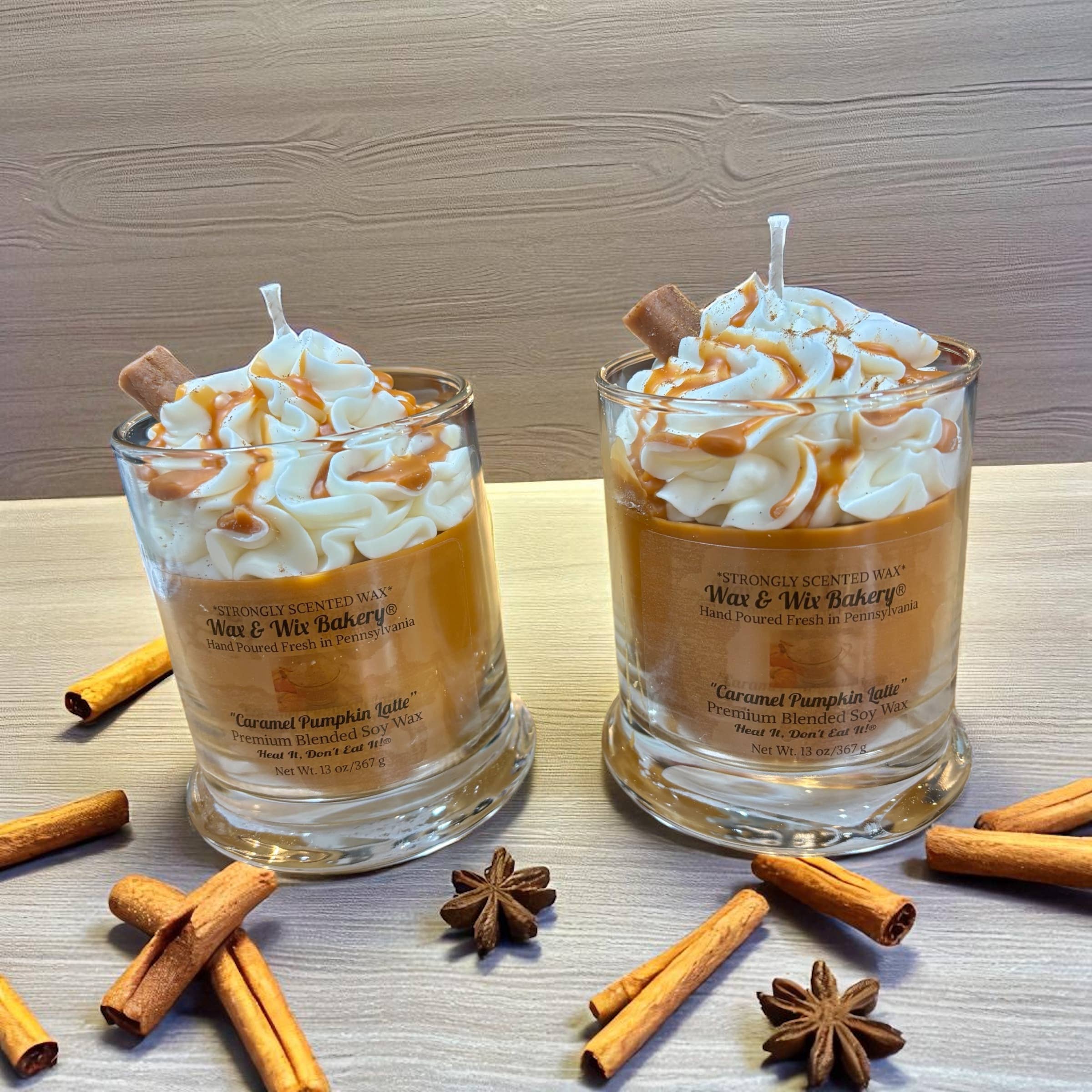 Wax and Wix Bakery® - Wholesale Jar/Filled Candle - Caramel Pumpkin Latte Candle. 13 oz. Large Soy Drink Candle.3
