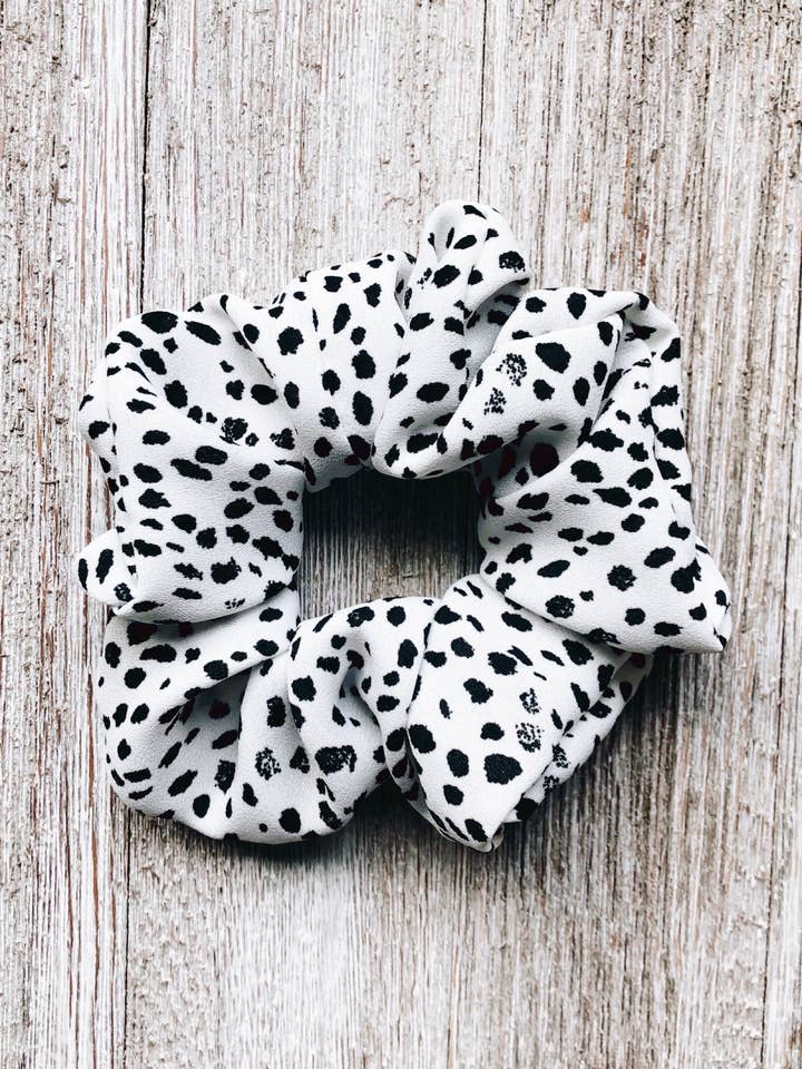 Black and White dot scrunchie for wholesale by Wild and Free Design Co.